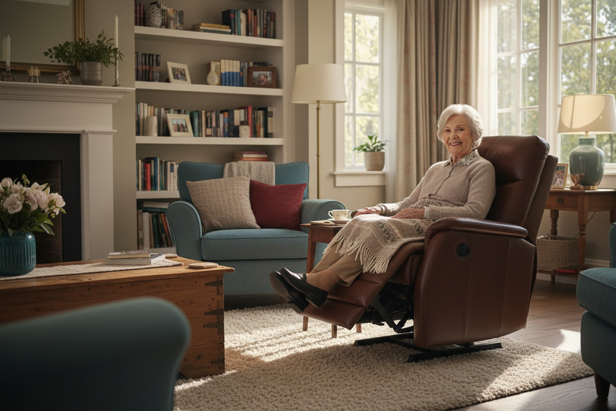 Oudere vrouw op sta-op fauteuil